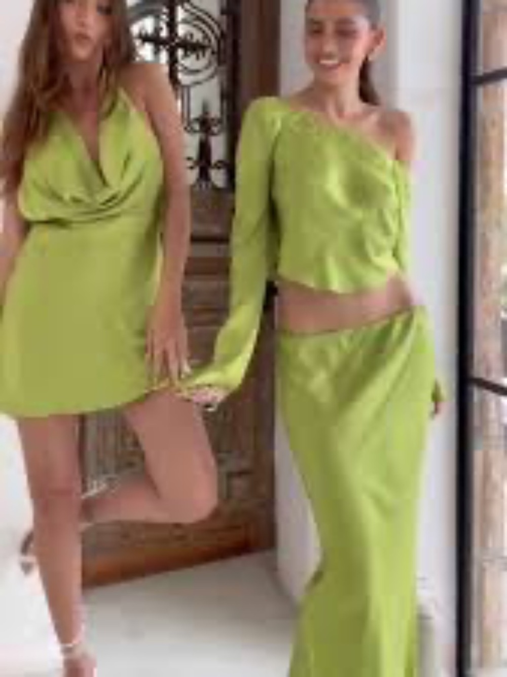 Meshki Violeta Parakeet Lime Green Satin One-Shoulder Top & Maxi Skirt 2 pc set - Picture 11 of 11